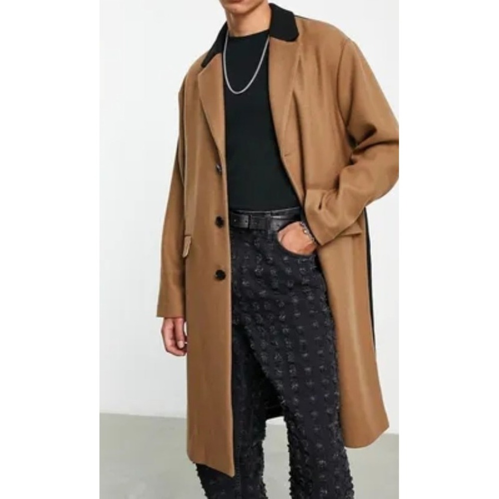 Men Classic Fit 3 Button Overcoat Colorblock Camel Black Dark Academia Preppy XL